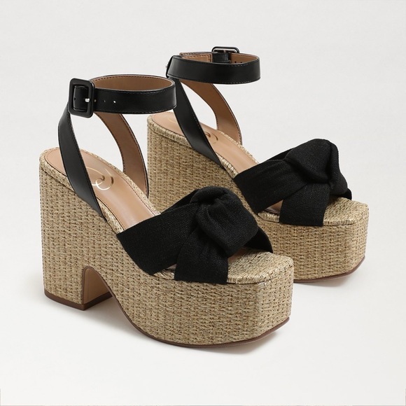 NWOB Sam Edelman Theresa Platform Block Heel Sandals in Black Linen size 9.5 - Picture 2 of 15